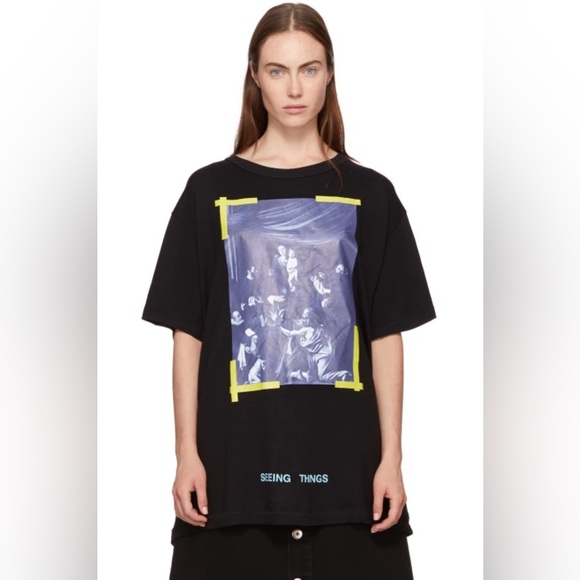 Unisex) Off-White Black Diagonal Caravaggio Lose-Fit T-Shirt